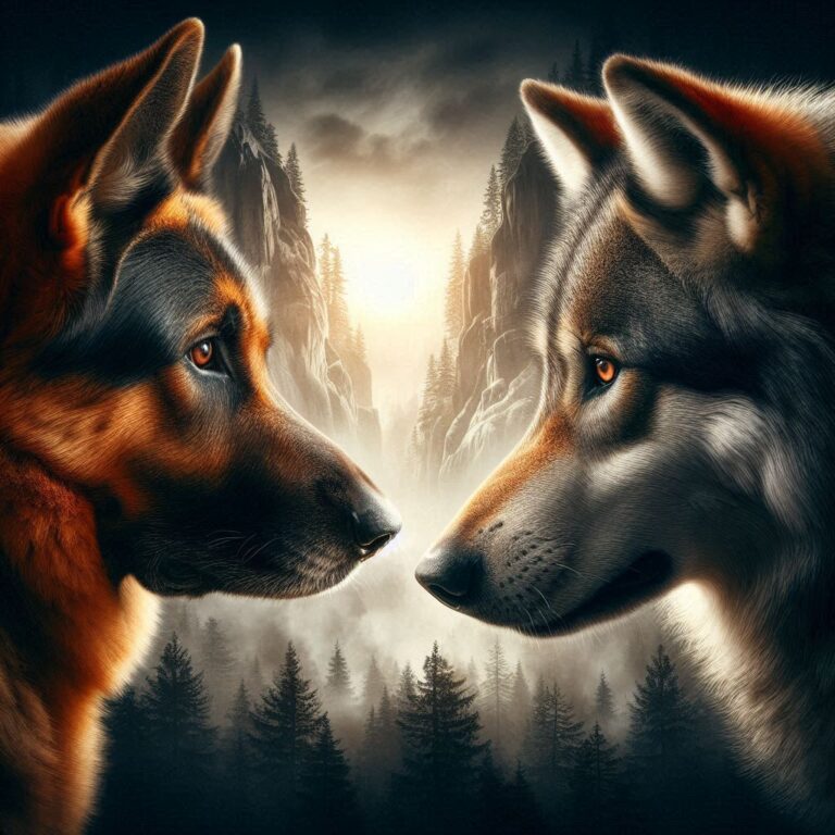 A German Shepherd and a Wolf looking at each other