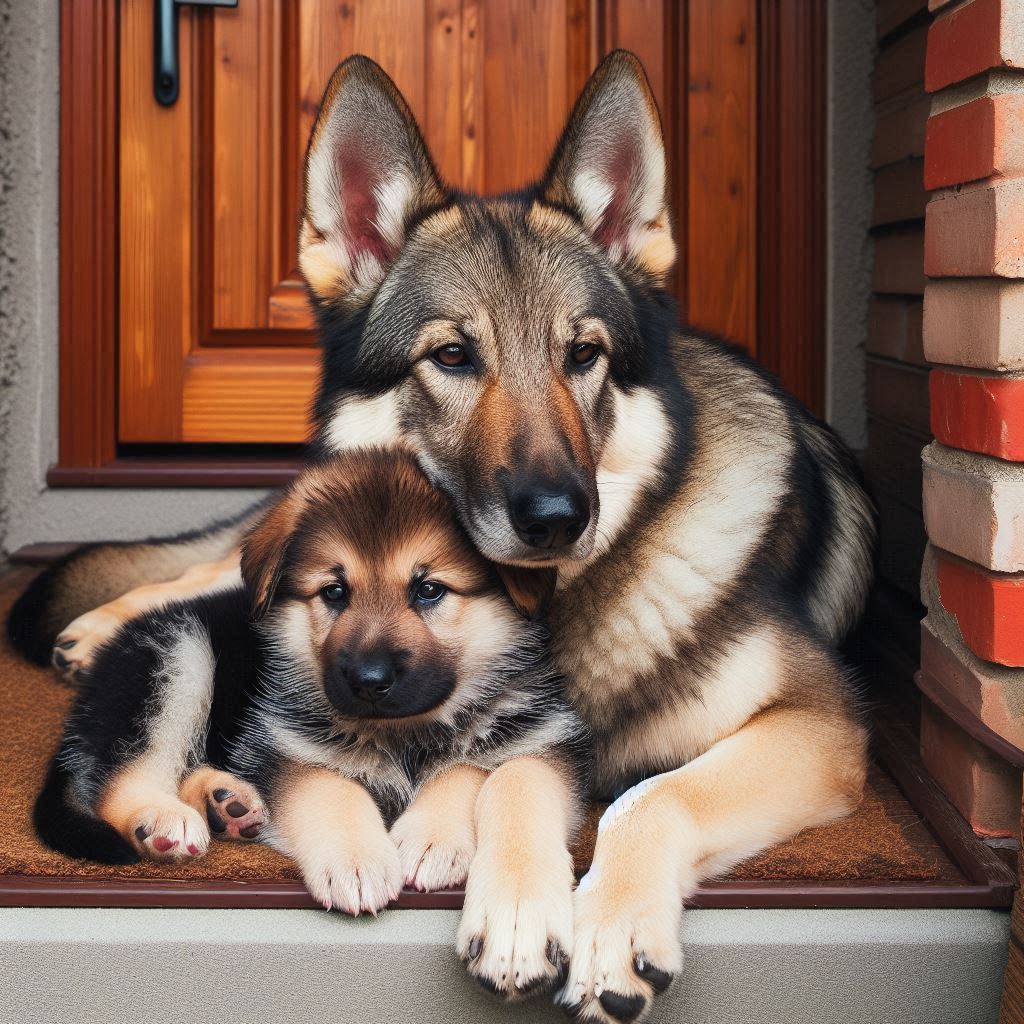 A domesticated wolf cuddles a GSD pup