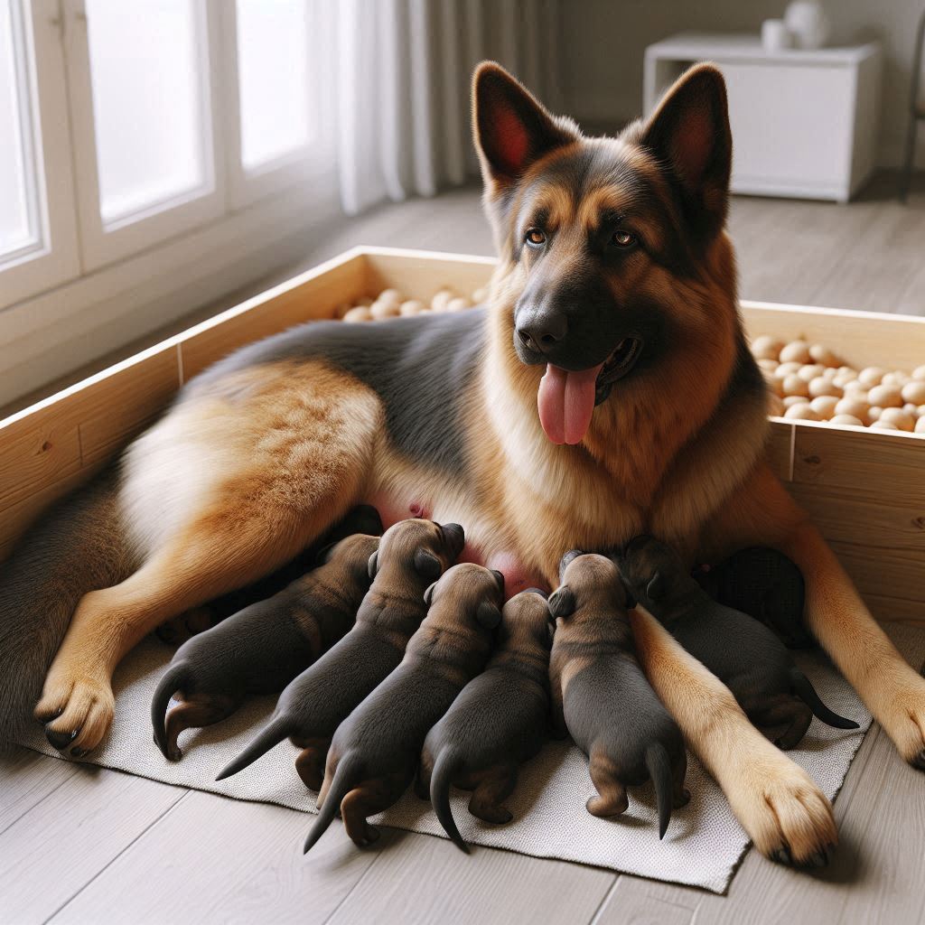 A German Shepherd feeding her pups